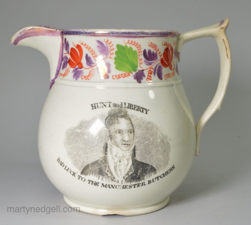 Pearlware pottery jug "Hunt & Liberty", circa 1819
