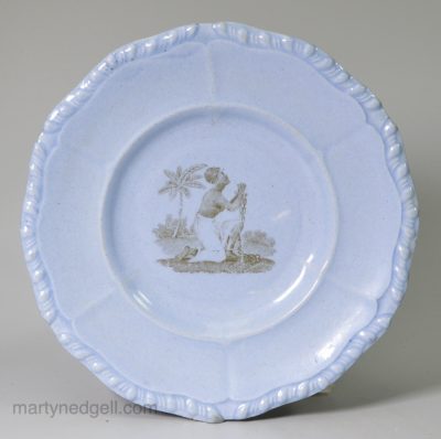 Small blue pottery plate printed with an anti-slavery design, circa 1820, probably Staffordshire