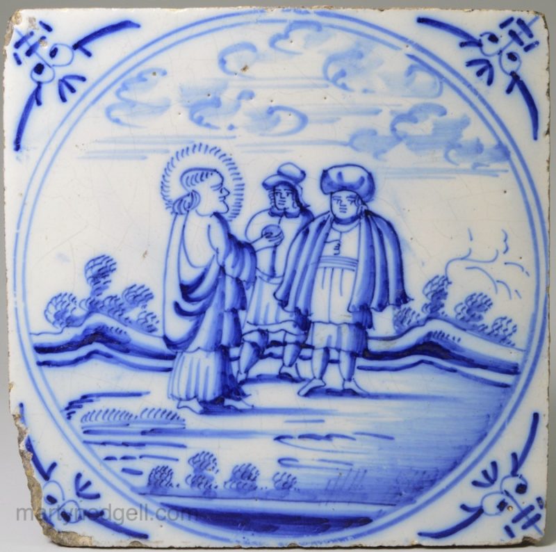 Dutch Delft biblical tile "Who's image is this?", circa 1750