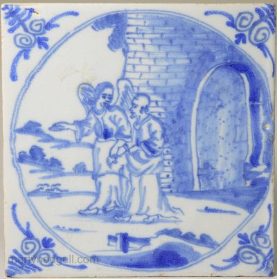 London Delft biblical tile, St. Peter escapes from prison, circa 1750