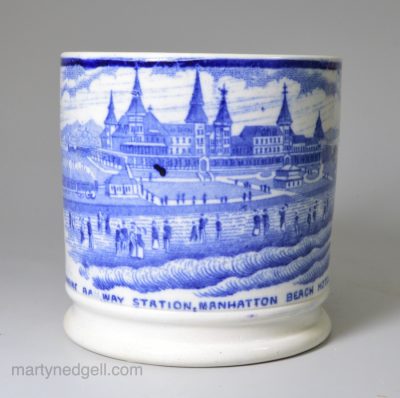 Pearlware pottery mug "Marine Railway Station, Manhatton (sic) Beach Hotel", circa 1860
