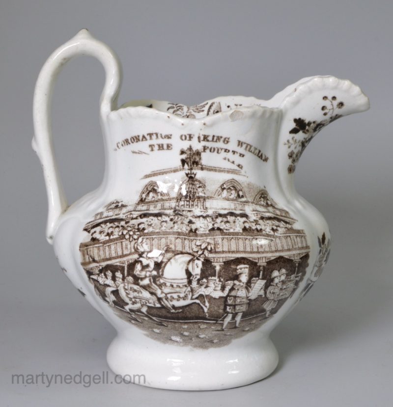 Commemorative pearlware pottery jug made for the Coronation of William IV in 1830