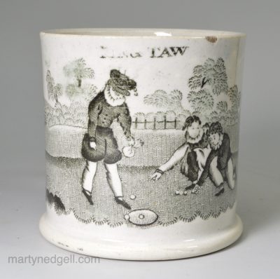 Child's pearlware pottery mug "Ring Taw" a game of marbles, circa 1850