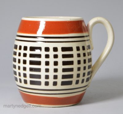 Inlaid mocha ware mustard pot, circa 1820