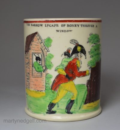Creamware pottery mug decorated with a satirical Napoleonic cartoon, circa 1815