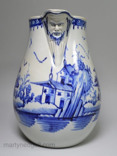 Large pearlware jug decorated in blue under the glaze, circa 1790
