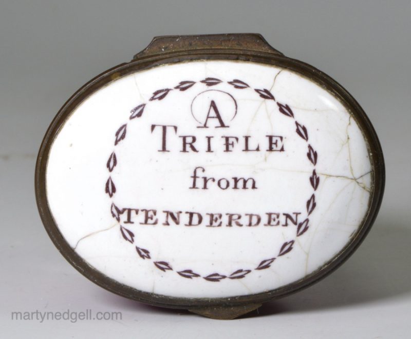 Bilston enamel patch box "A Trifle from Tenterden", circa 1780