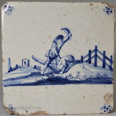 Dutch Delft biblical tile Cain and Abel, circa 1740