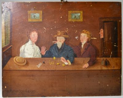 Naive oil painting on board depicting a dealer in gold, circa 1830
