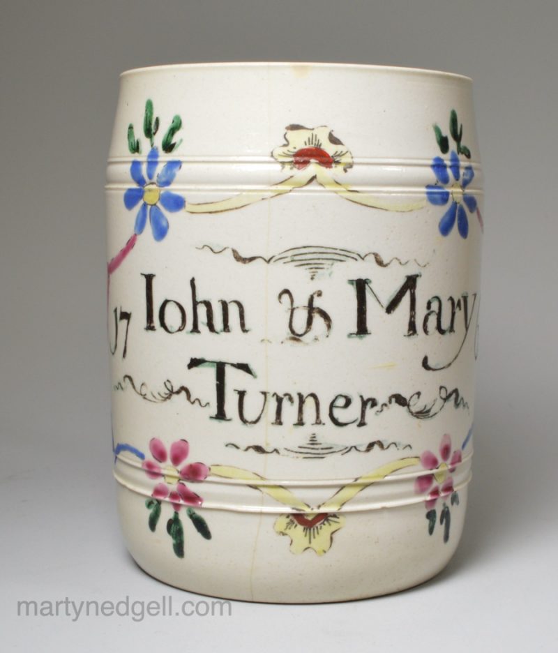 Staffordshire white saltglaze stoneware mug, dated 1765, John & Mary Turner
