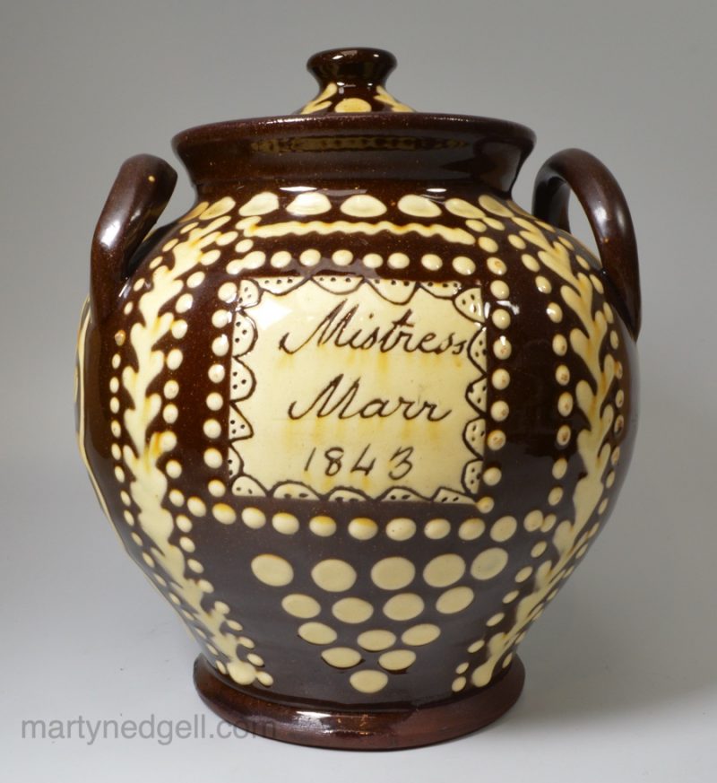 Scottish slipware pottery storage jar made for Mistress Marr 1843