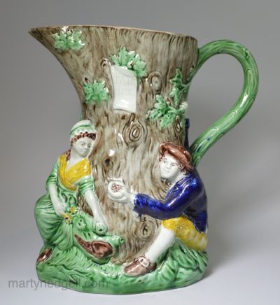Pearlware pottery Fair Hebe jug decorated with coloured glazes and enamels under a pearlware glaze, circa 1795, probably Wood Family of Potters