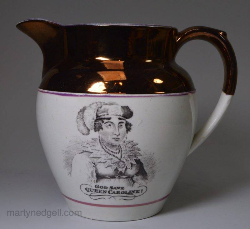 Pearlware pottery commemorative jug Queen Caroline, circa 1821