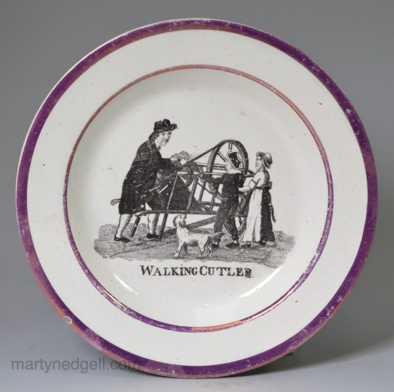 Pearlware pottery child's plate "WALKING CUTLER", circa 1820