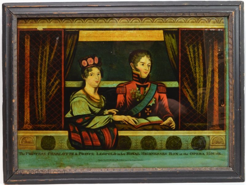 Reverse print on glass Princess Charlotte and Prince Leopold at the Opera, circa 1818