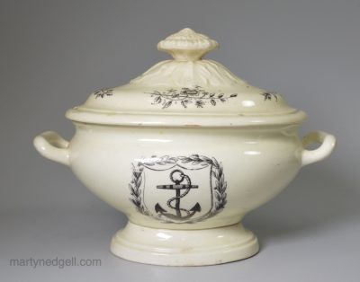 Creamware pottery tureen printed with an anchor crest, circa 1790