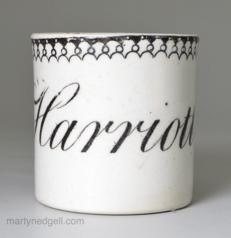 Pearlware pottery child's mug "Harriott", circa 1820