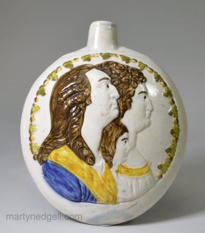 Prattware pottery flask moulded with the Royal Sufferers and the Duke of York, circa 1795