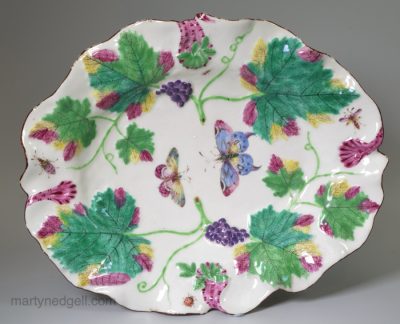 Bow porcelain dish decorated with vine leaves and insects, circa 1760