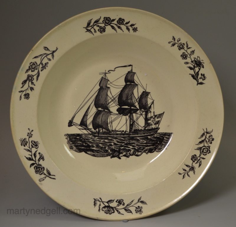 Creamware pottery soup plate printed with a Danish ship, circa 1780