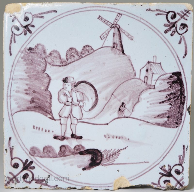 London Delft tile painted with a miller and his windmill, circa 1750