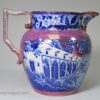 Pearlware pottery jug decorated with blue transfer under the glaze and pink lustre, circa 1820