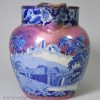 Pearlware pottery jug decorated with blue transfer under the glaze and pink lustre, circa 1820