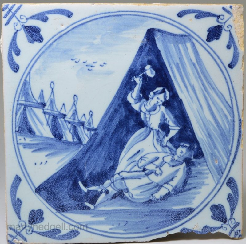 London Delft biblical tile, Jael killing Sisera, circa 1750