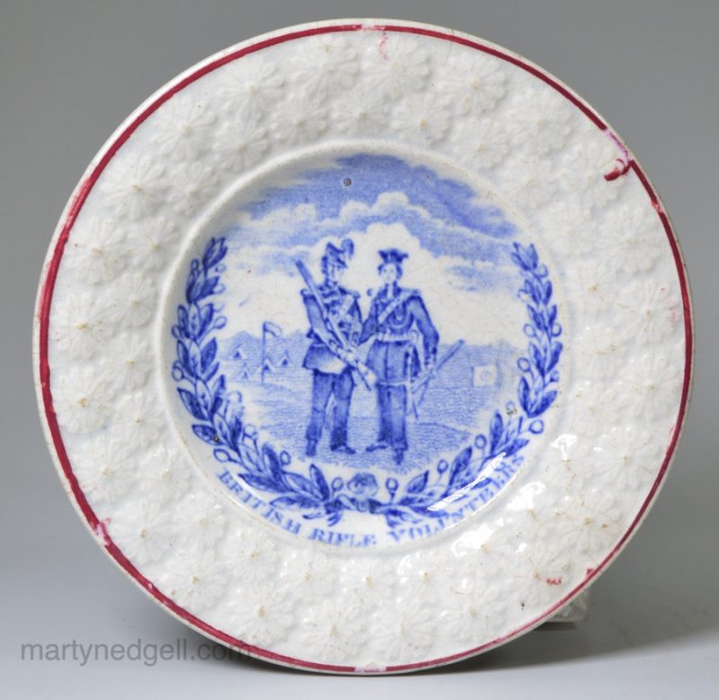 Small pearlware pottery child's plate printed with "British Rifle Volunteers", circa 1859