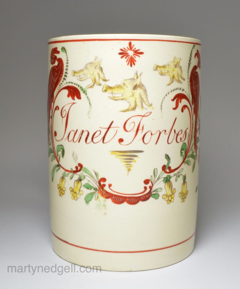 Janet Forbes creamware pottery mug, circa 1790