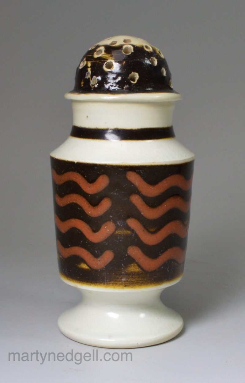 Pearlware pottery pepper pot with mochaware decoration, circa, circa 1830