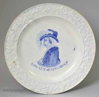 Pearlware pottery plate commemorating Queen Caroline, circa 1821