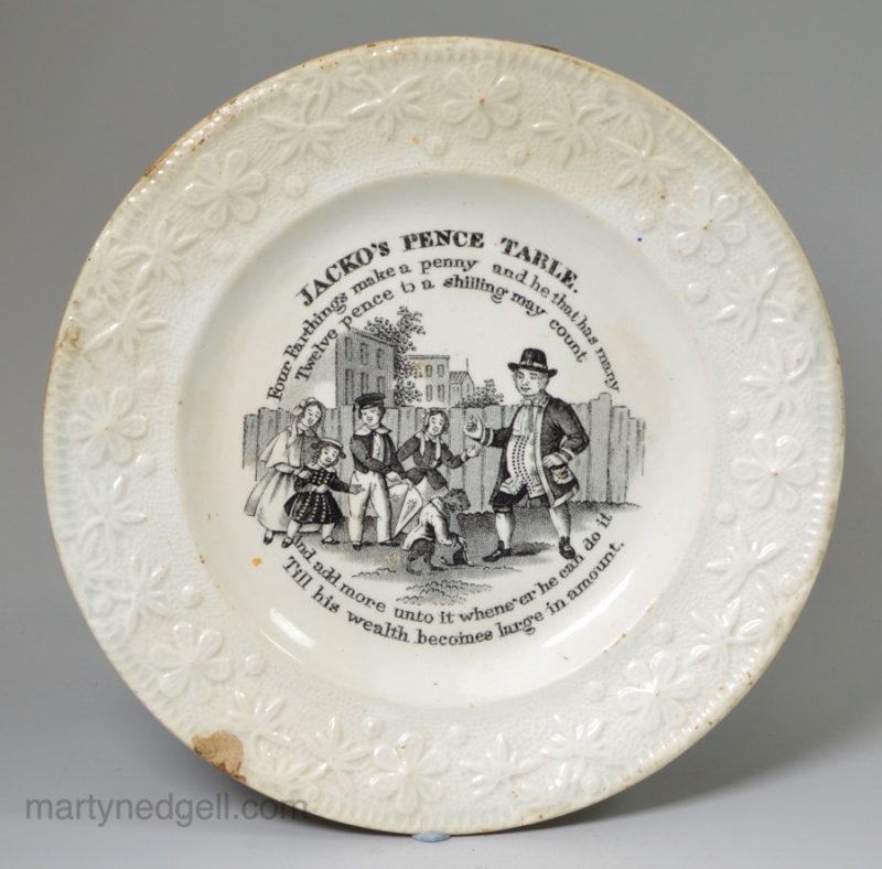 Pearlware pottery child's plate "Jacko's Pence Table", circa 1840
