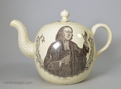 Wedgwood creamware pottery teapot decorated with print of John Wesley signed Green Liverpool, circa 1780