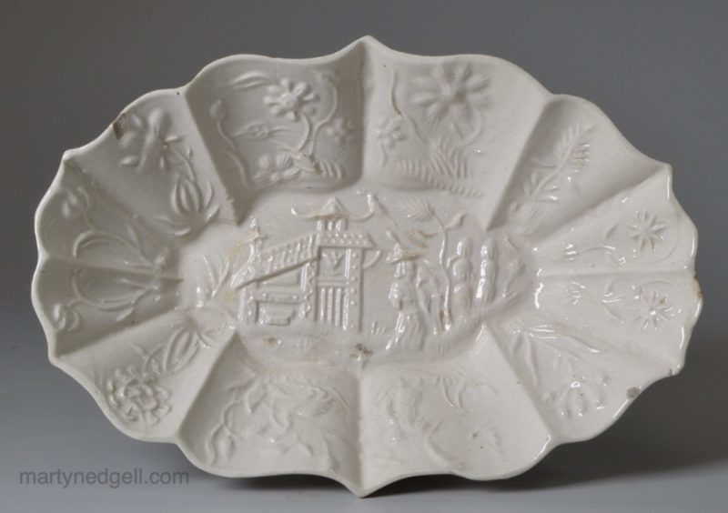 Staffordshire saltglaze stoneware spoon tray moulded with oriental design, circa 1760