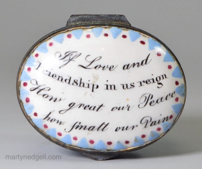 Bilston enamel box, circa 1780 "If Love and Friendship in us reign How great our Peace how finals our Pains"