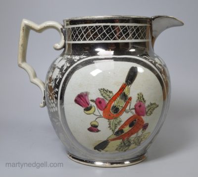 Pearlware pottery jug decorated with silver resist lustre and coloured bird prints, circa 1820