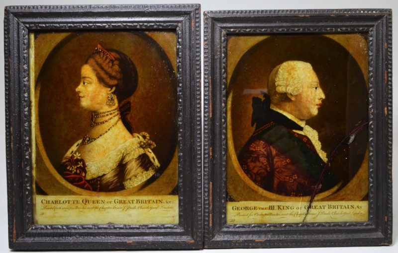 Small pair of reverse prints on glass, George III and Queen Charlotte, circa 1790