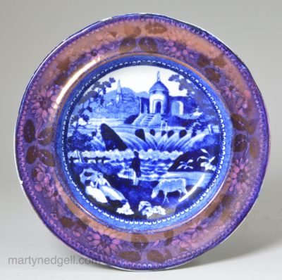 Pearlware pottery cup plate with blue transfer and pink lustre decoration, circa 1820