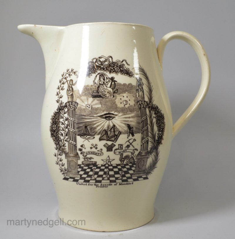 Creamware pottery jug decorated with Masonic prints, circa 1790