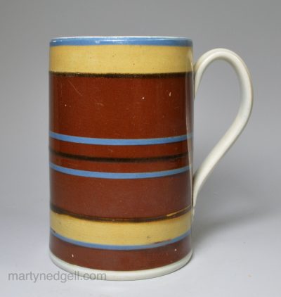 Pearlware pottery mug with Mocha slip decoration, circa 1820