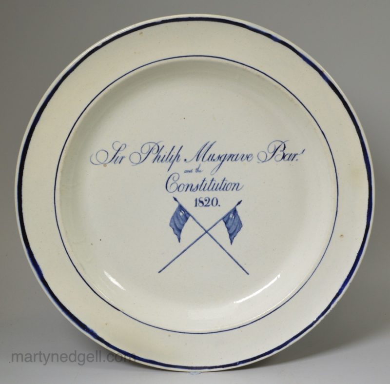Pearlware pottery electioneering plate "Sir Philip Musgrave Bart. and the Constitution" dated 1820