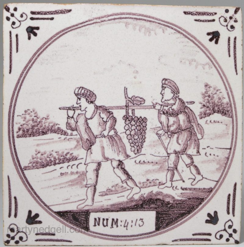 Dutch Delft biblical tile, Spies returning from Hebron, circa 1750