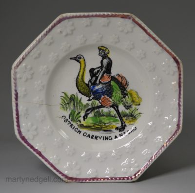 Pearlware pottery child's plate "Ostrich carrying a negro", circa 1830