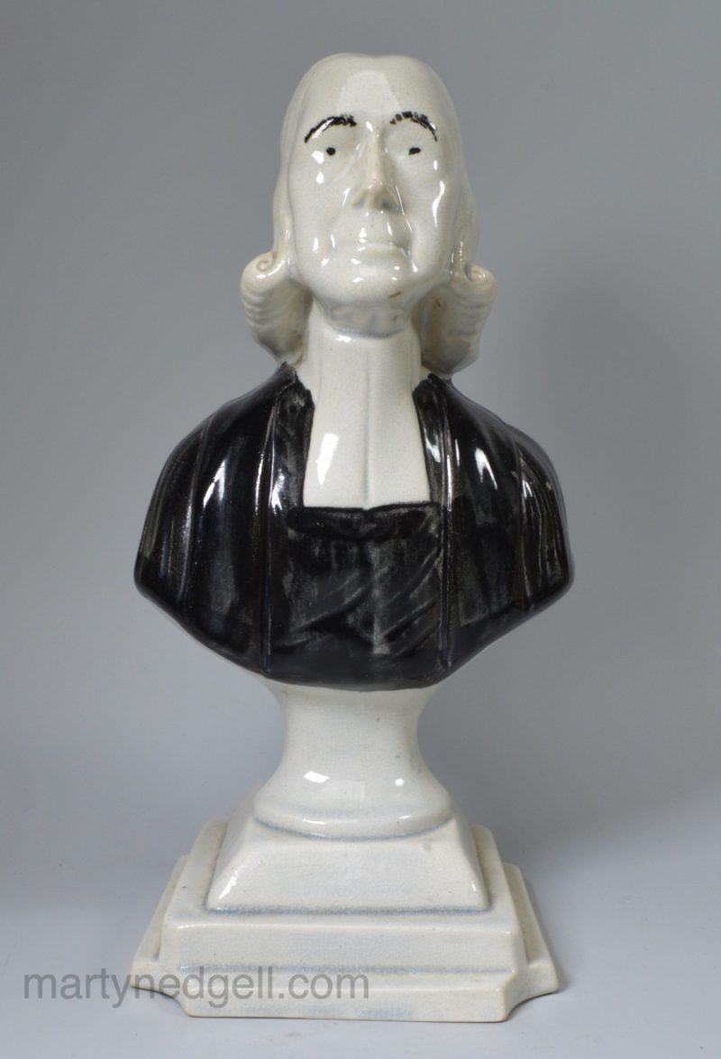 Pearlware pottery bust of Rev. Wesley the Methodist, circa 1820, possibly Scottish or the North East