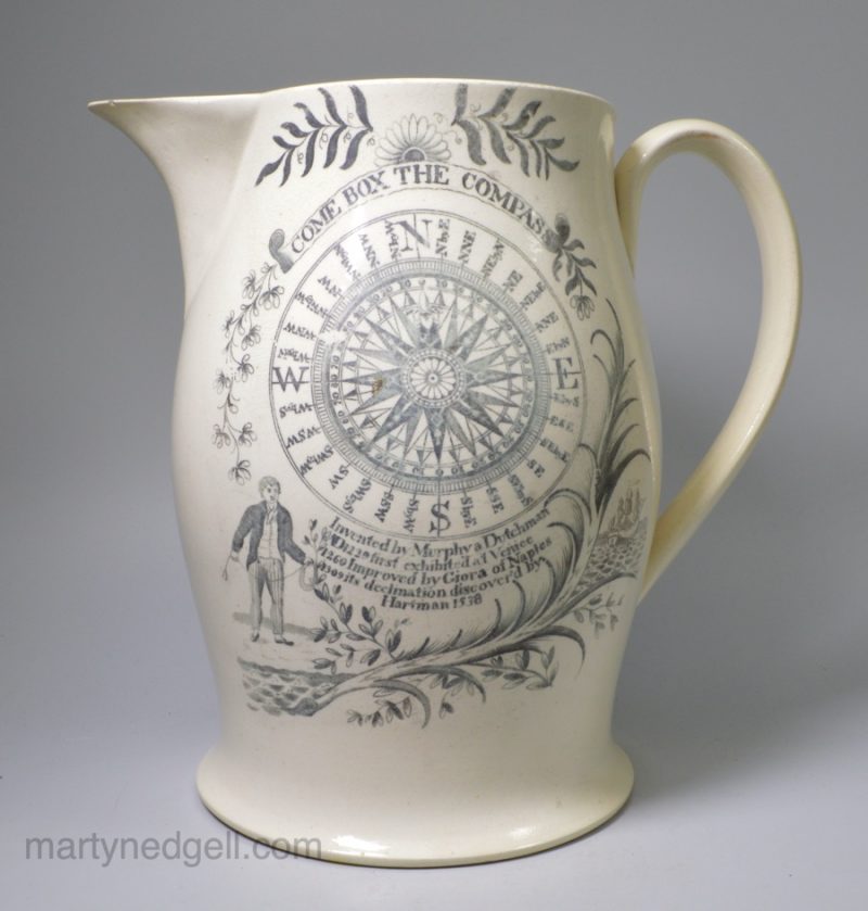 Creamware pottery jug printed with Come Box the Compass and an American ship, circa 1780