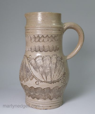 Raren type German saltglaze stoneware jug, circa 1650