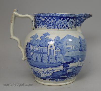 Pearlware pottery jug with underglaze blue transfer print, circa 1820