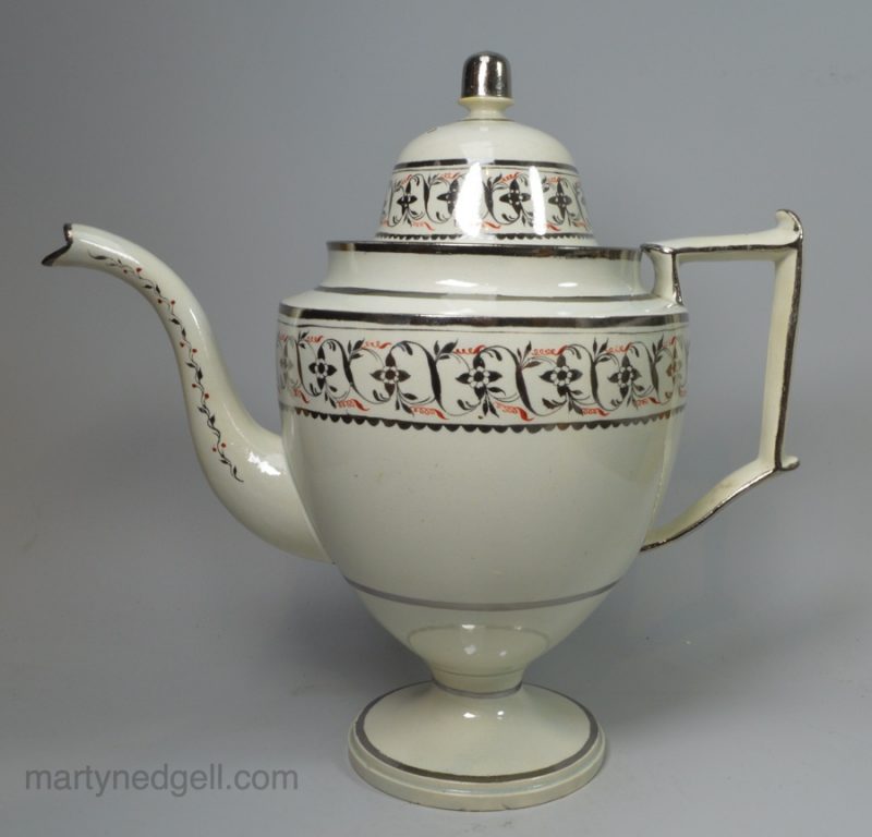 Large pearlware pottery coffee pot decorated with silver lustre, circa 1830