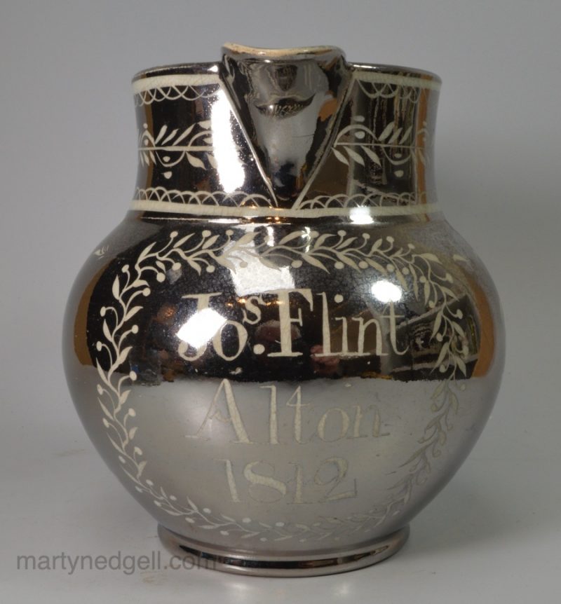 Pearlware pottery jug with silver resist lustre decoration, "Jos. Flint, Alton 1812"